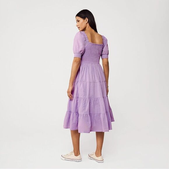 Land's End Midi Dress Smocked Dobby Puff Sleeve Navy Multi Floral Blooms Medium - Picture 6 of 8